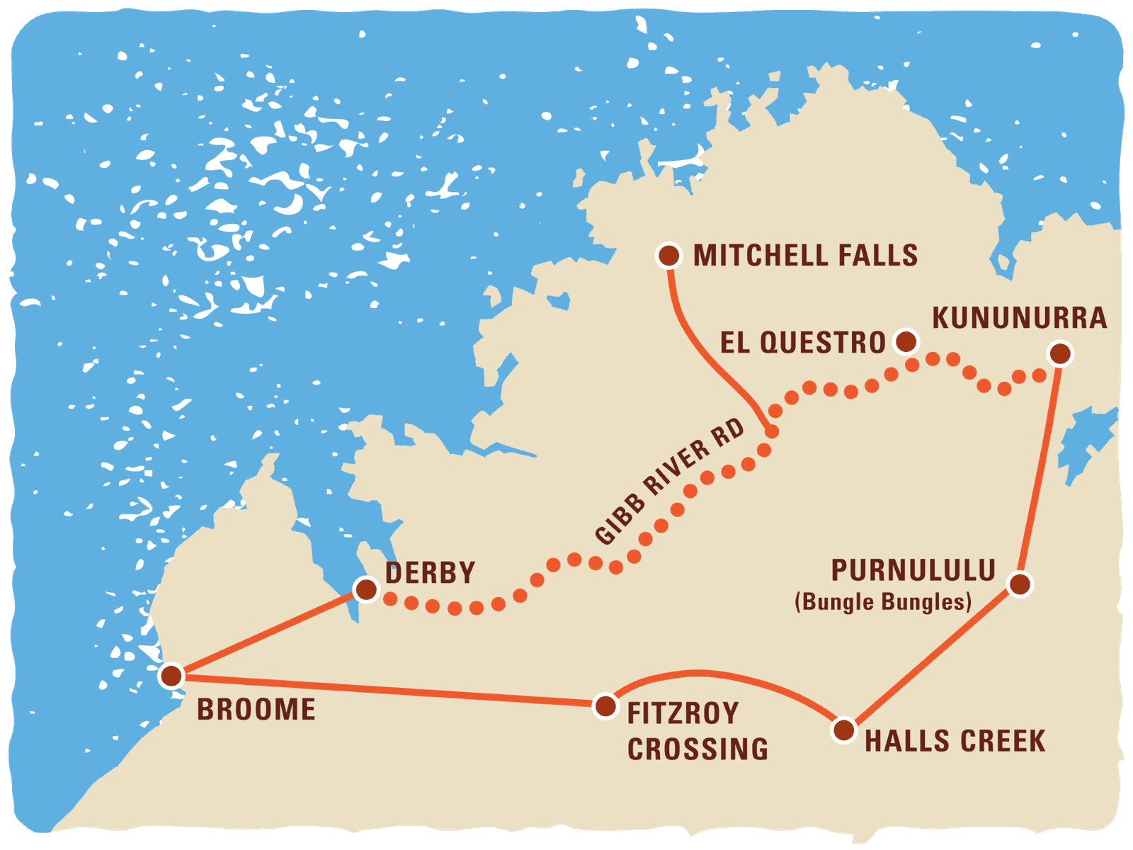 Route map of the 12 day Explorer tour looping out of Broome