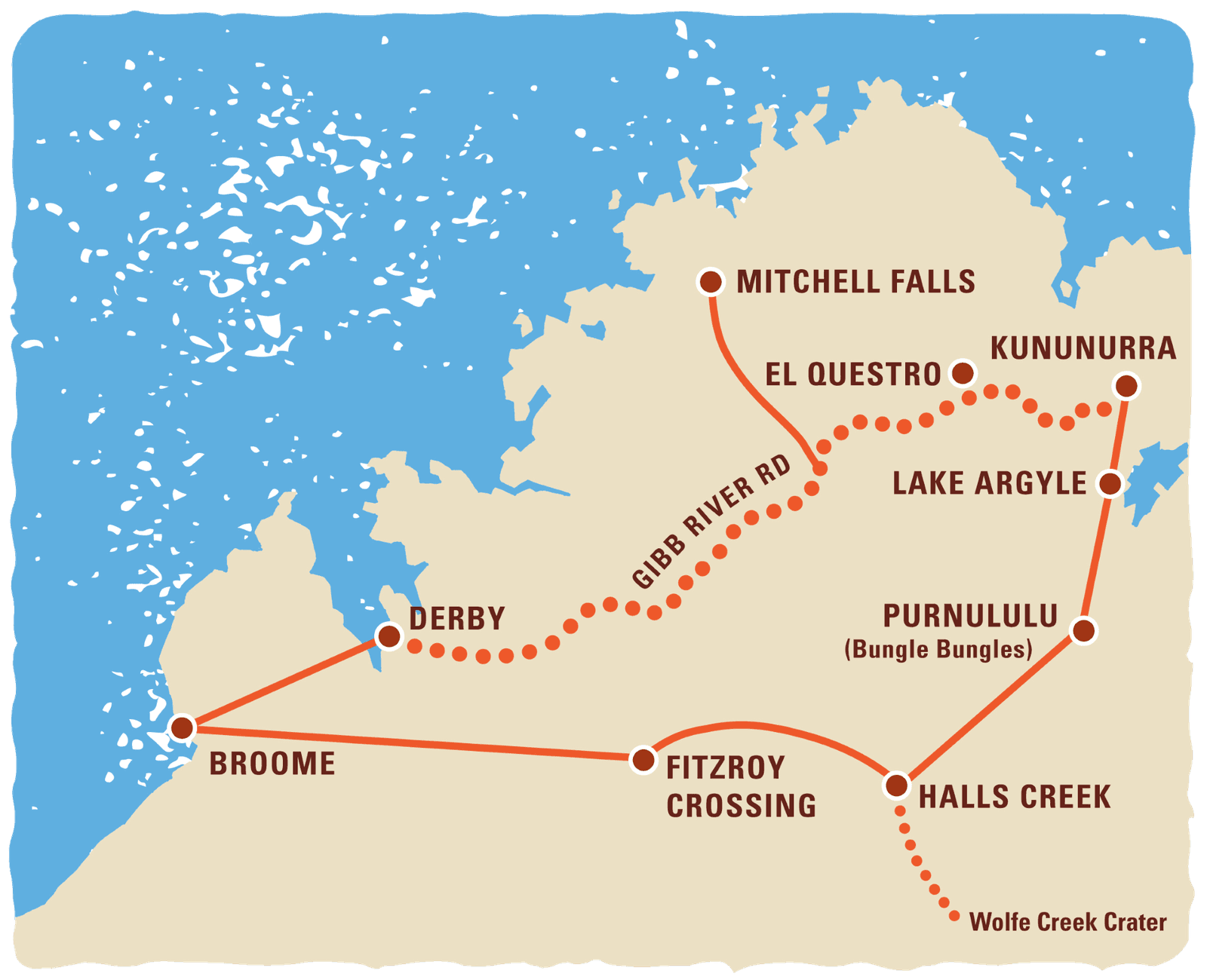 Route map of the 16 day Adventurer tour looping out of Broome across the Kimberley