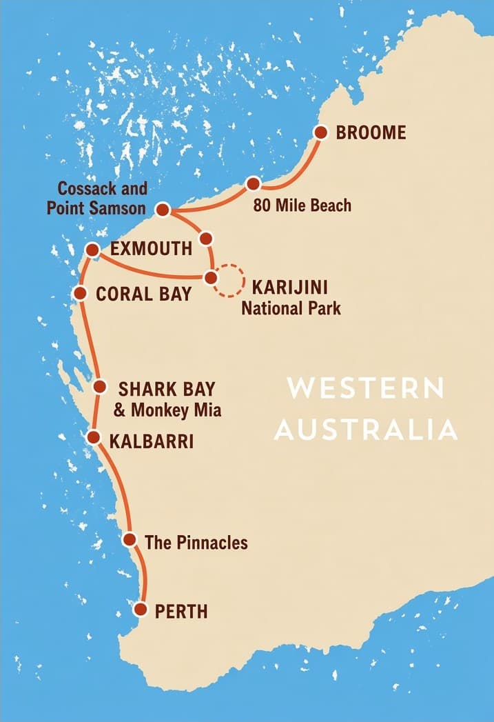 Route map of the 14 day Perth to Broome coastal tour